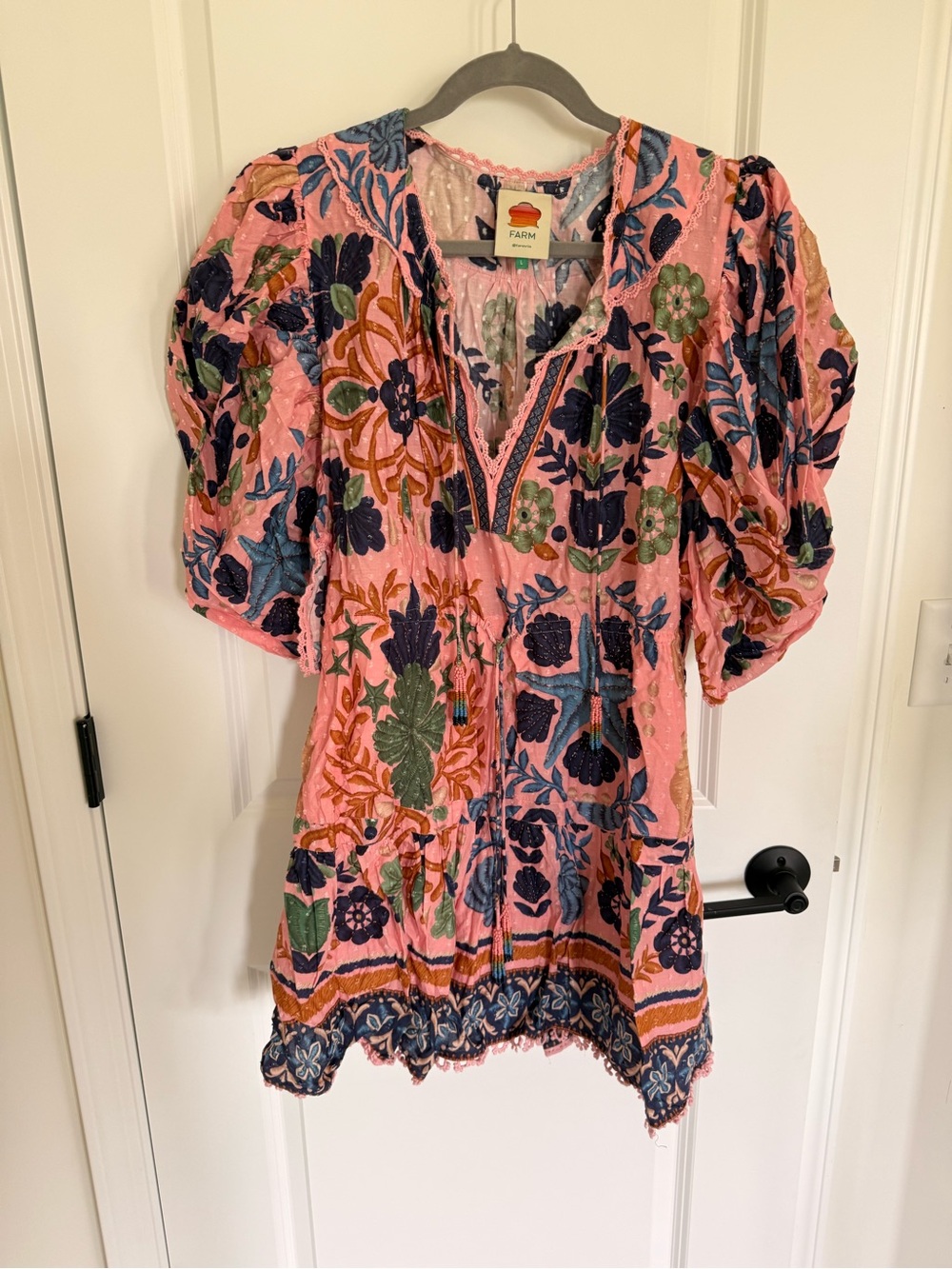 FARM Rio Pink Floral Embroidered Puff-Sleeve Mini Dress, size L - Picture 4 of 4